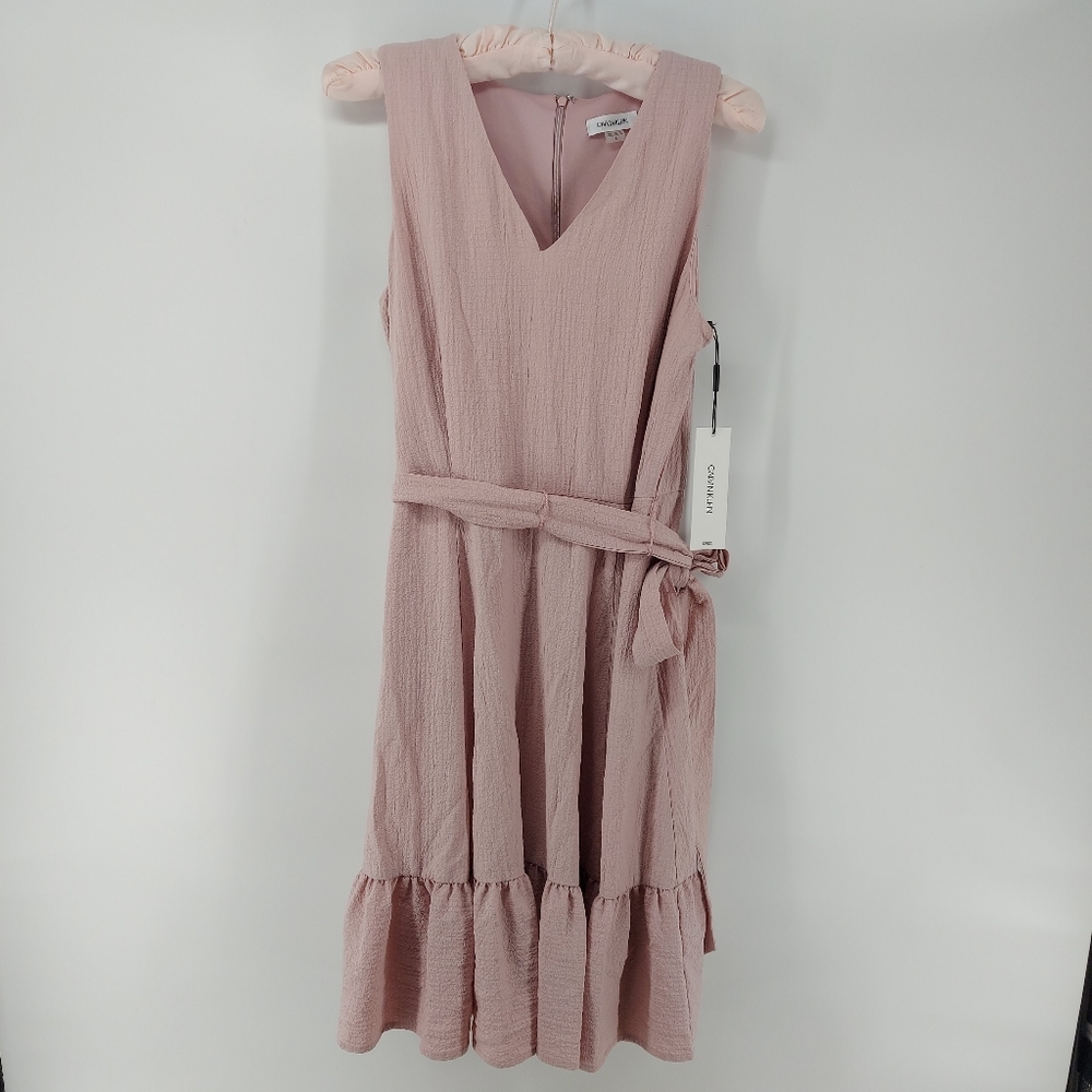 Calvin Klein Pink Crinkle Ruffle Midi Dress
